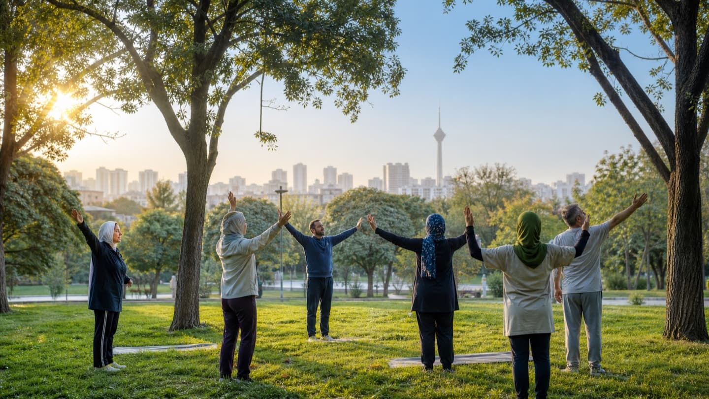 گروهی با لباس ورزشی راحت در حال تمرین حرکت صبحگاهی در پارک تهران