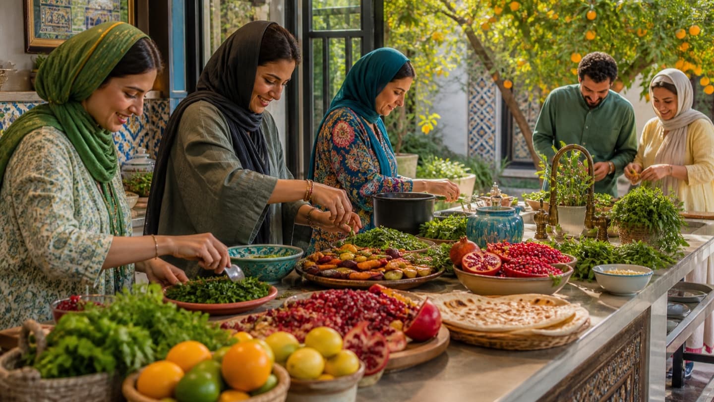 گروهی در حال آماده‌کردن خوراک‌های گیاه‌محور رنگارنگ در آشپزخانه‌ای روشن